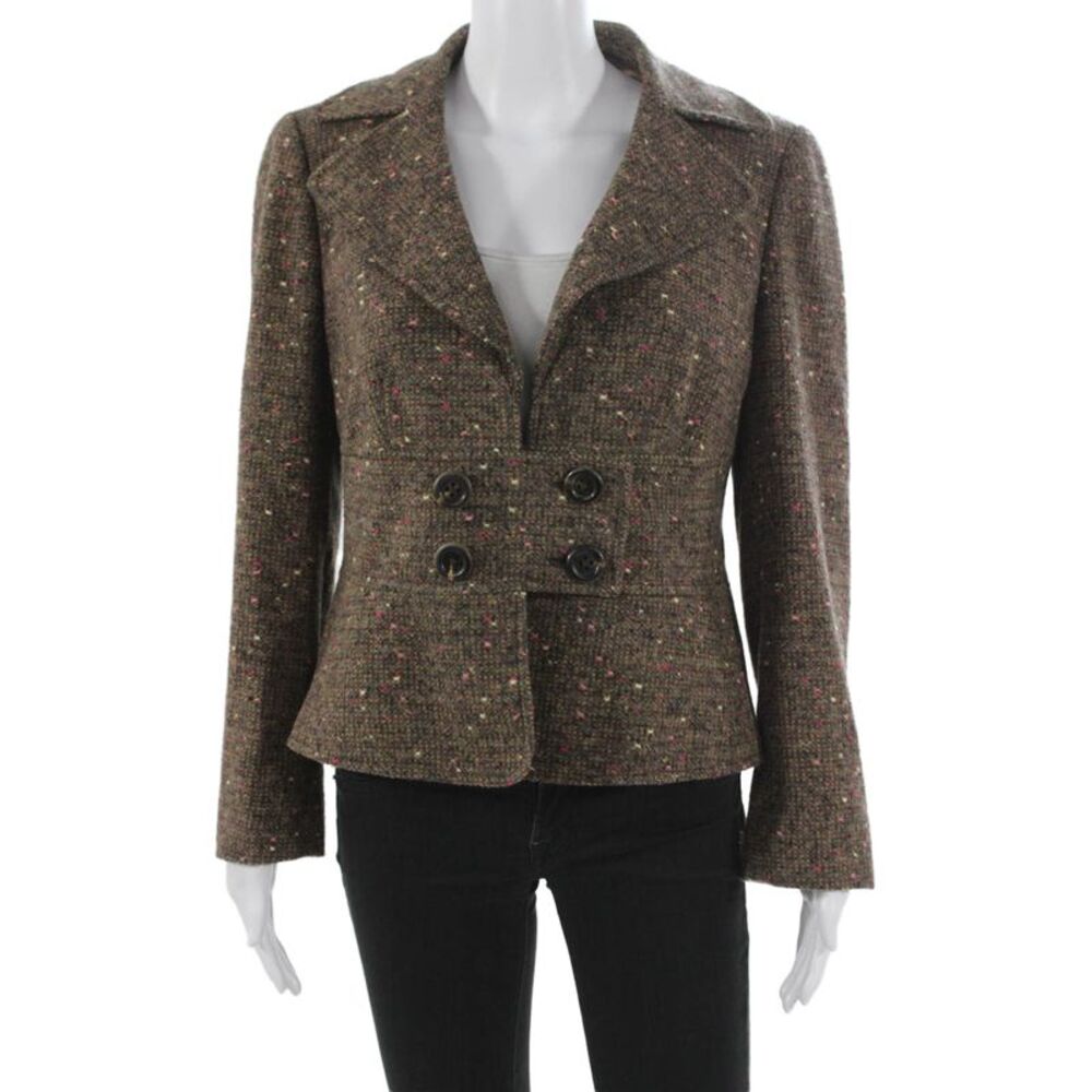 Rena Lange Womens Basic Jacket Tweed Brown Spotted Button Long Sleeve Size S